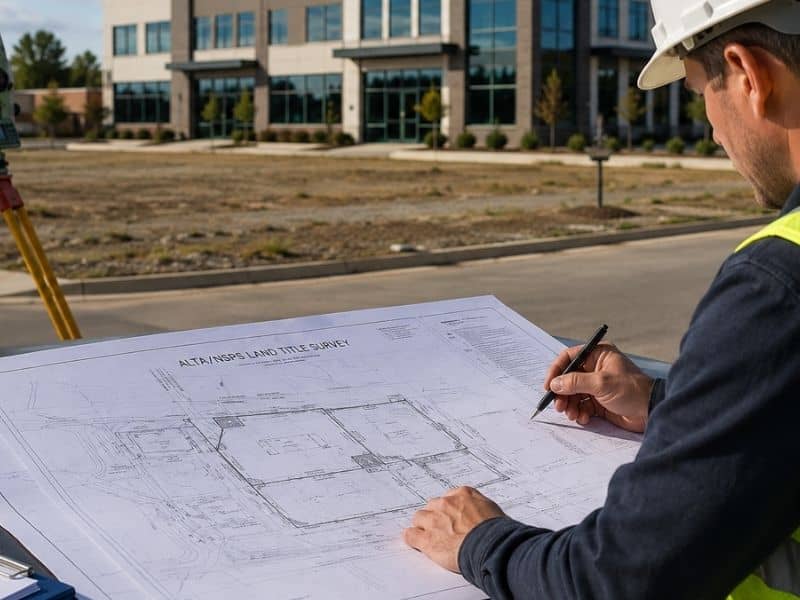 Commercial surveyor reviewing an ALTA survey plan at a commercial property development site