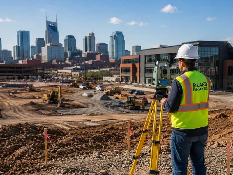 Commercial land surveyor reviewing a redevelopment site before a commercial property closing