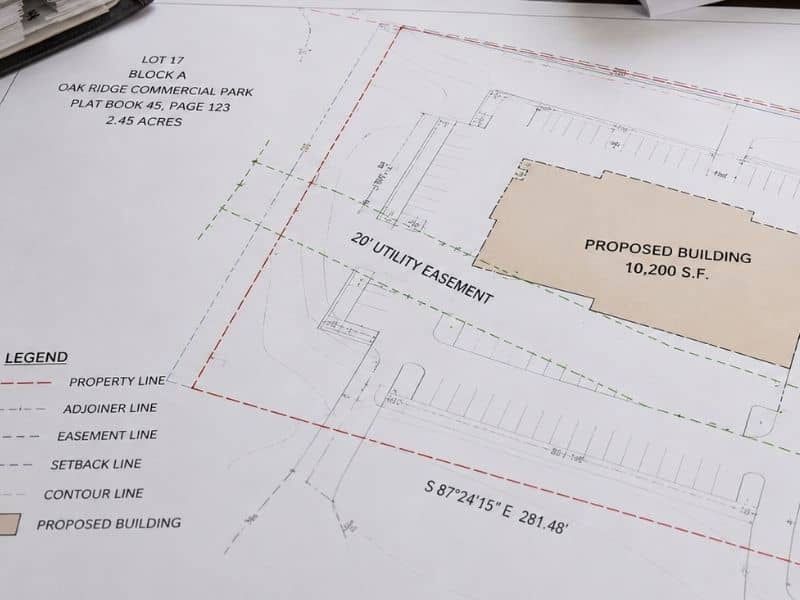 Commercial site plan showing a proposed building footprint crossing utility and access easements during the land development review process
