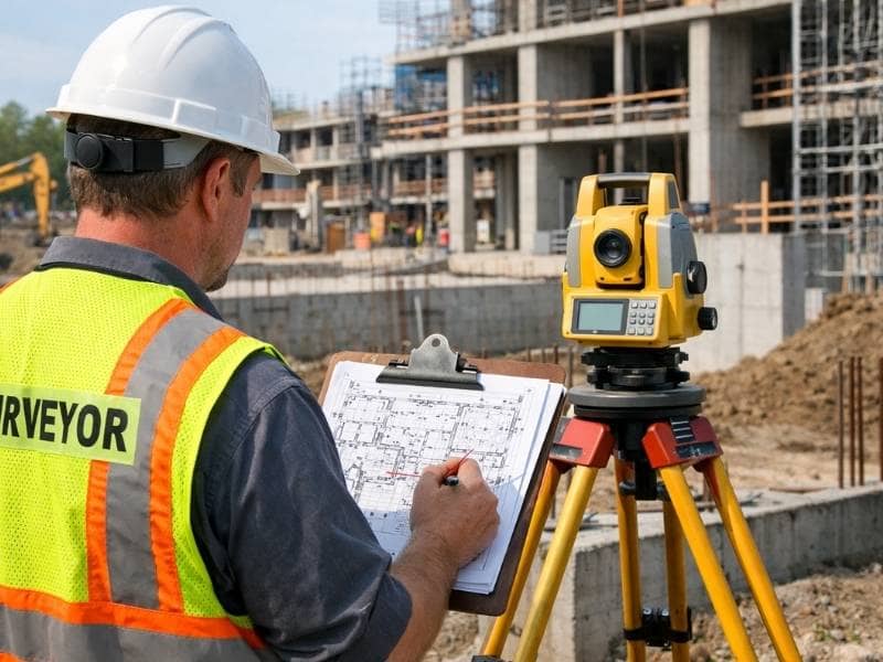 Licensed surveyor performing an as-built survey at a completed construction site to document structures and improvements.