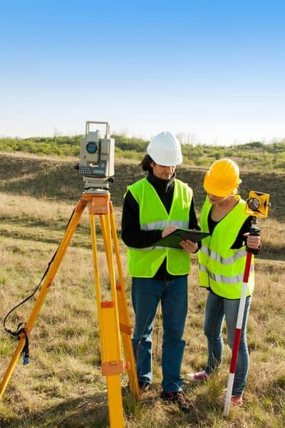 Home survey cost explained with two professional surveyors using equipment in the field to measure and document property boundaries