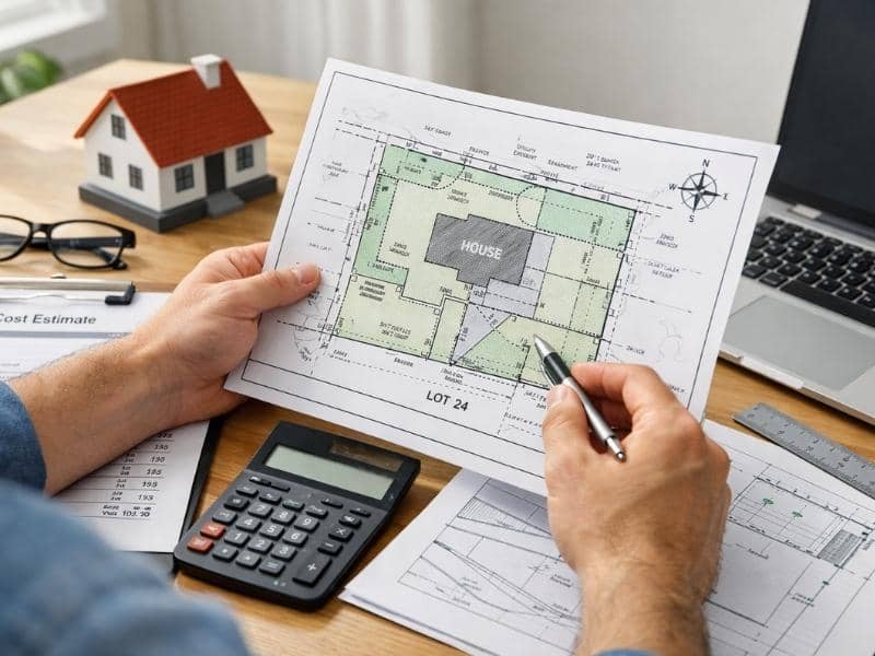 Home survey cost planning with a property survey map, calculator, and cost estimate documents on a desk 