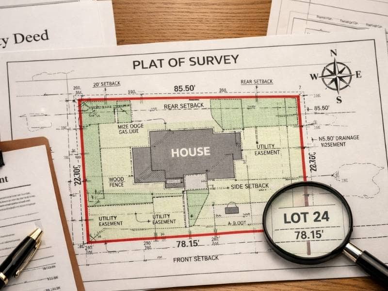 A detailed plat of survey showing property boundaries, lot dimensions, easements, and a house footprint beside a deed and closing statement on a desk 