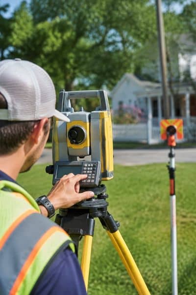 Surveyor using a total station to measure property line markers on a residential lot