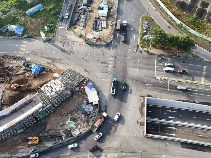 Aerial view of a major roadway construction project showing how a construction survey supports transportation improvements.