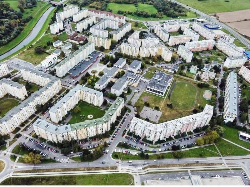 Aerial view of a mixed-use property reviewed through an ALTA survey before redevelopment planning.