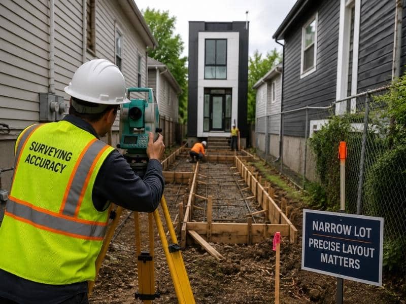 Construction surveyor checking foundation layout on a narrow residential infill lot between neighboring homes.