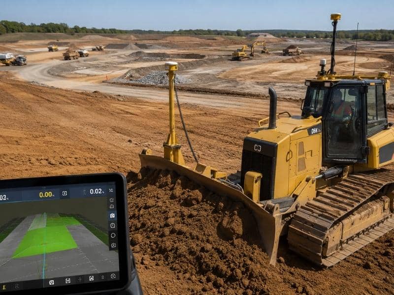 Alt Text: GPS-equipped bulldozer following a digital surface model on a high-volume earthwork site.