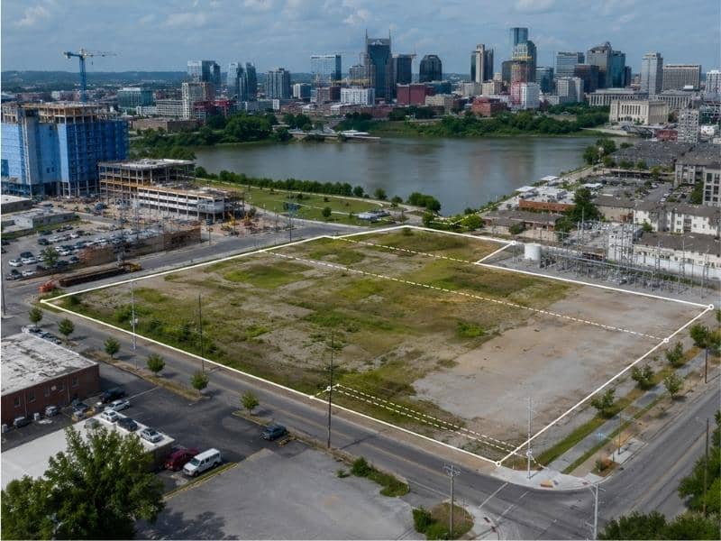 Aerial view of Nashville East Bank parcels, streets, riverfront, and redevelopment sites reviewed during an ALTA survey