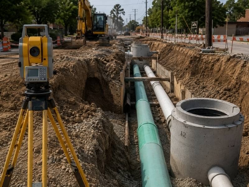 Survey equipment beside an open trench with new water and sewer pipes being installed across an existing utility corridor.