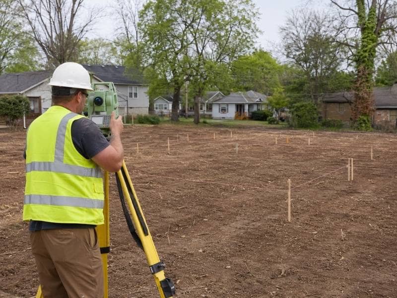Construction surveyor staking a new home foundation on a tear down project in Nashville Tennessee