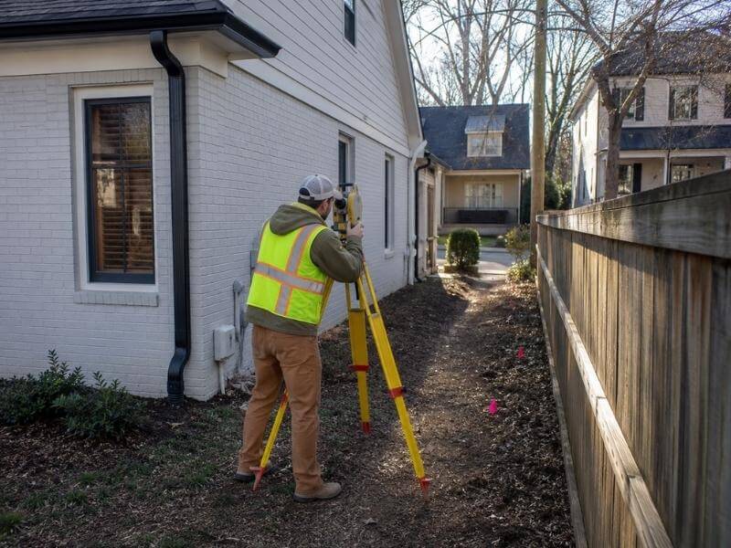 Property Survey for a small lot home addition in Nashville Tennessee with a surveyor measuring the side yard