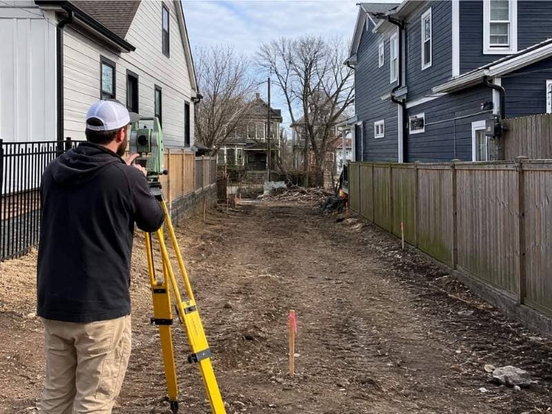 Site plan surveying on a narrow urban residential lot in Nashville Tennessee