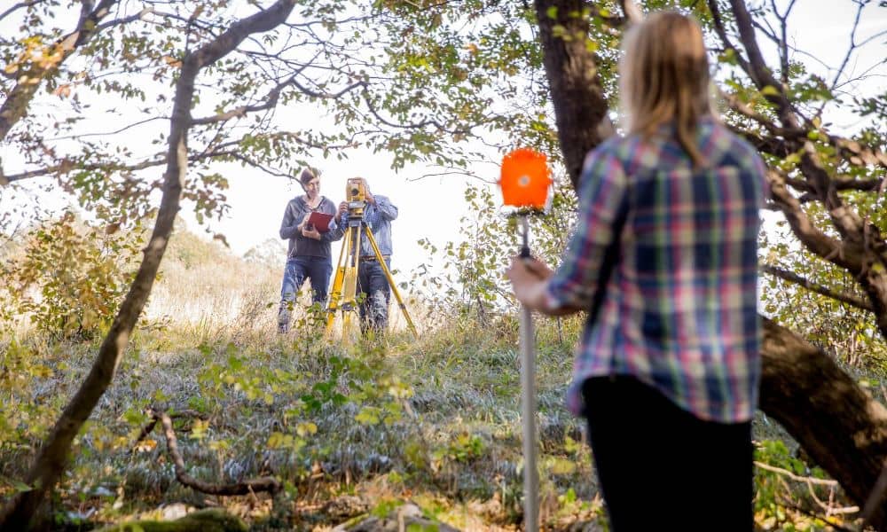 Surveyors conducting boundary fieldwork in a wooded parcel as part of assessing the boundary survey price